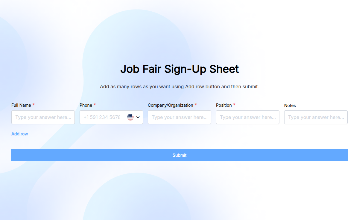 Job Fair Sign-Up Sheet