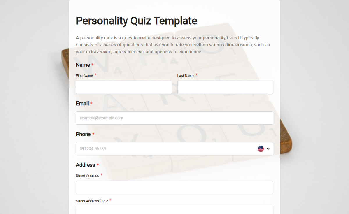 Personality Quiz Form Template