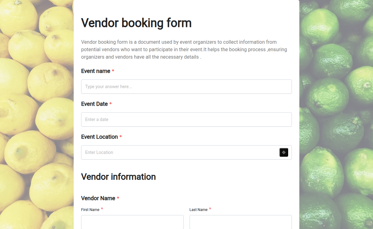 Vender booking form