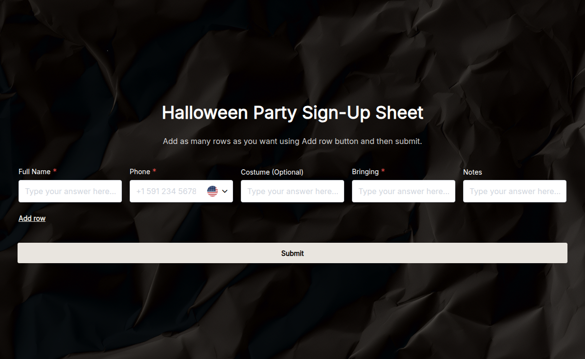 Halloween Party Sign-Up Sheet