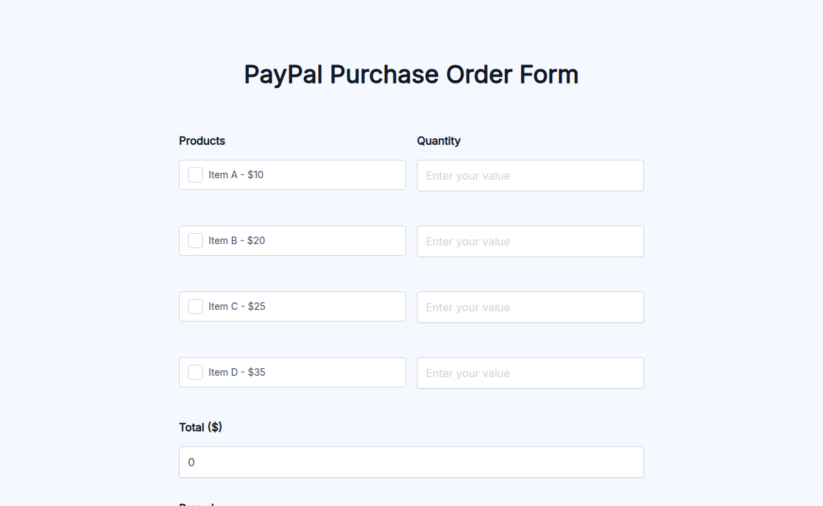 PayPal Purchase Order Form
