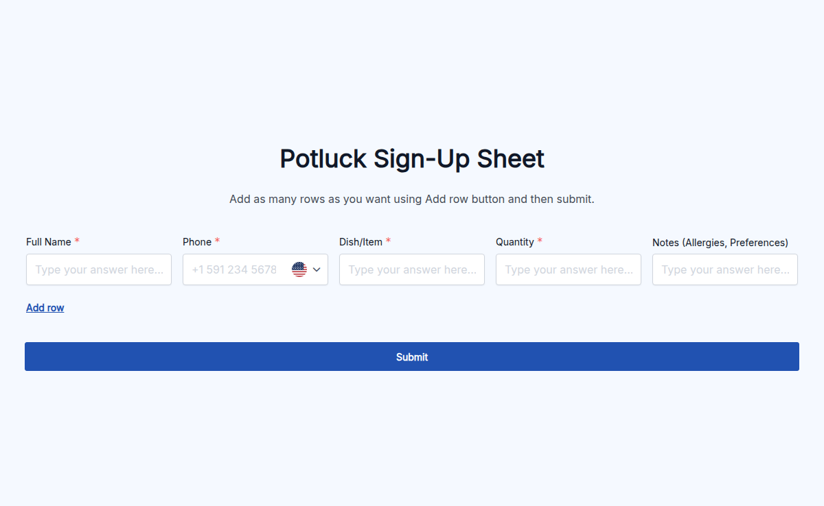 Potluck Sign-Up Sheet
