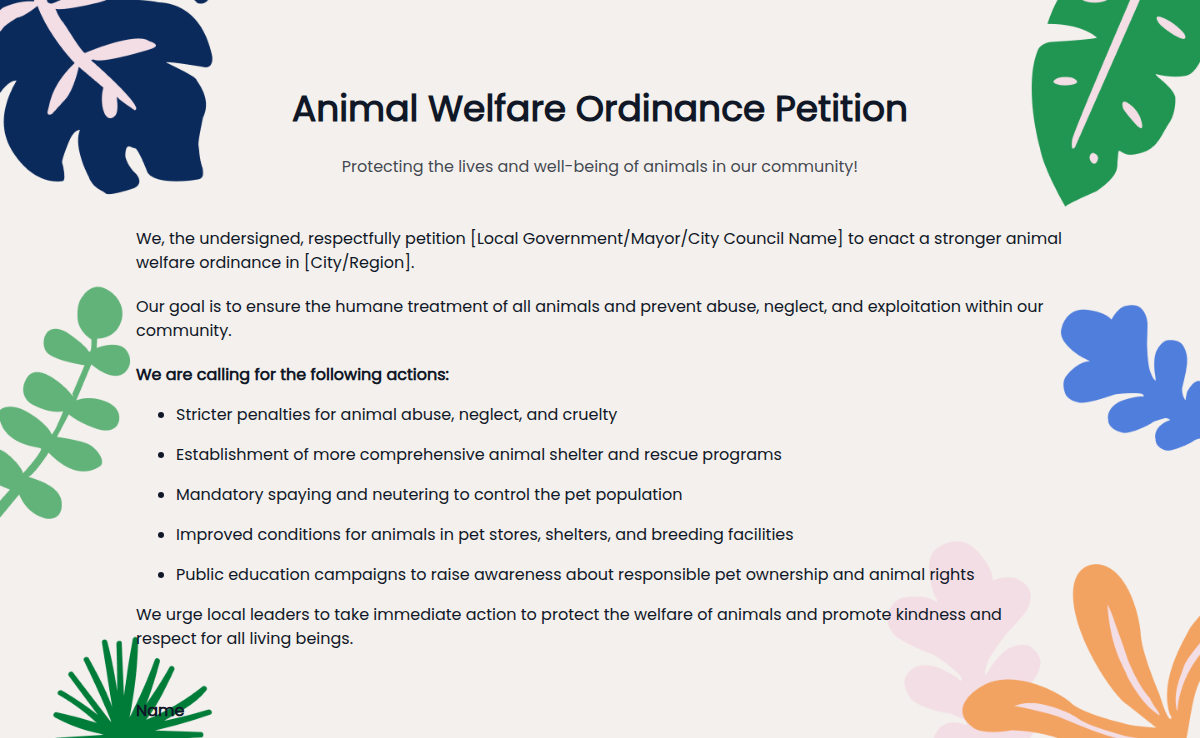 Animal Welfare Ordinance Petition