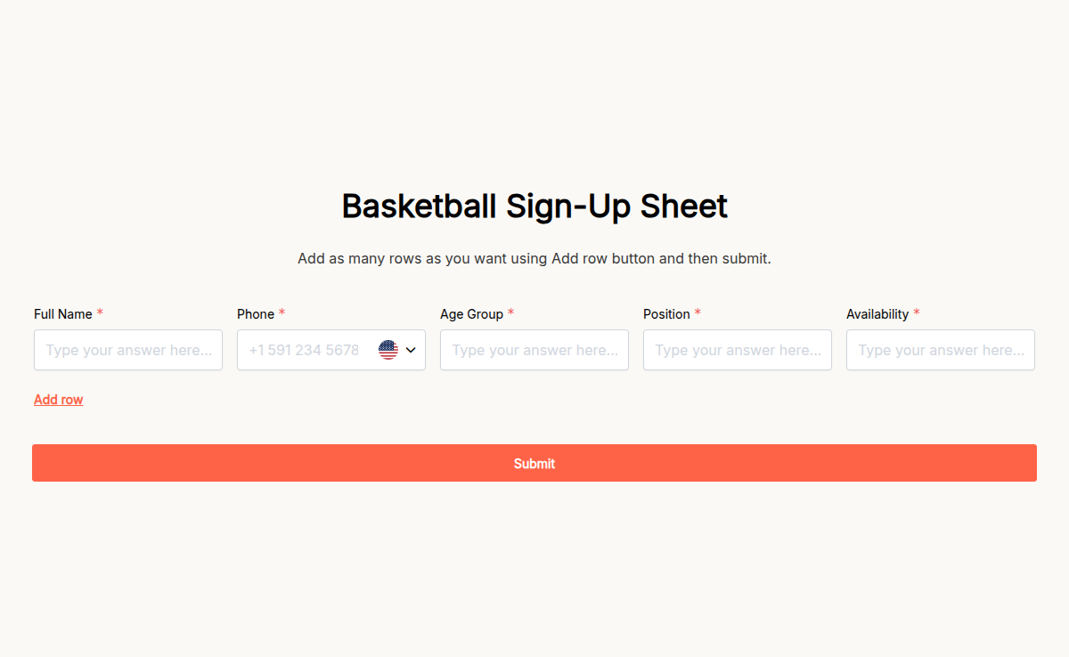 Basketball Sign-Up Sheet