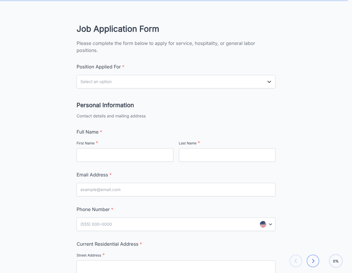 Labor Application Form - Service & Hospitality