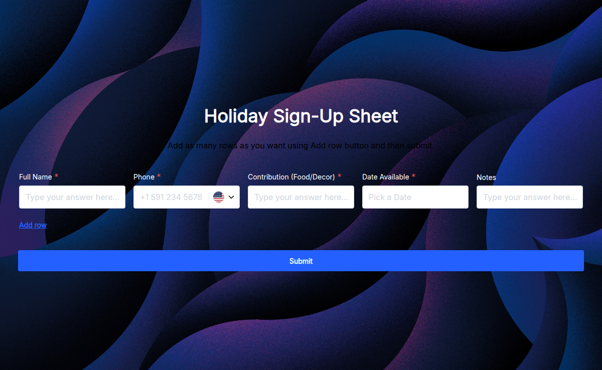Holiday Sign-Up Sheet