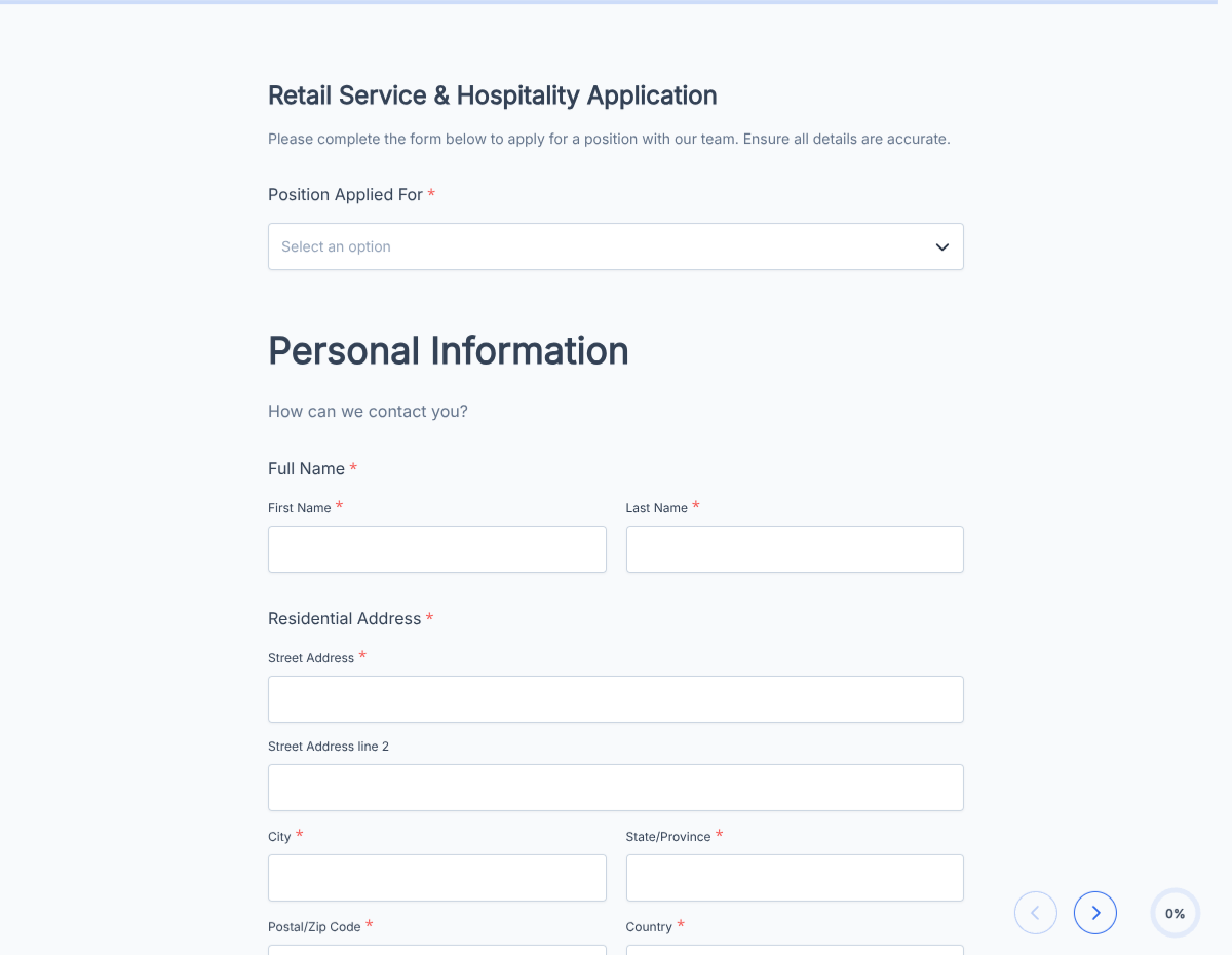Retail Service & Hospitality Job Application