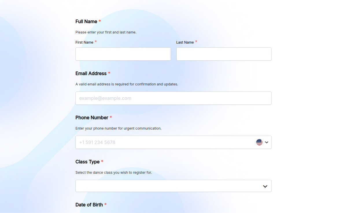 Dance Class Registration Form