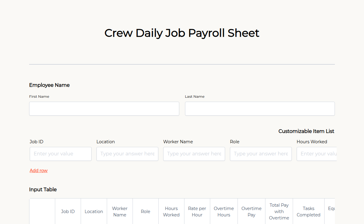 Crew Daily Job Payroll Sheet