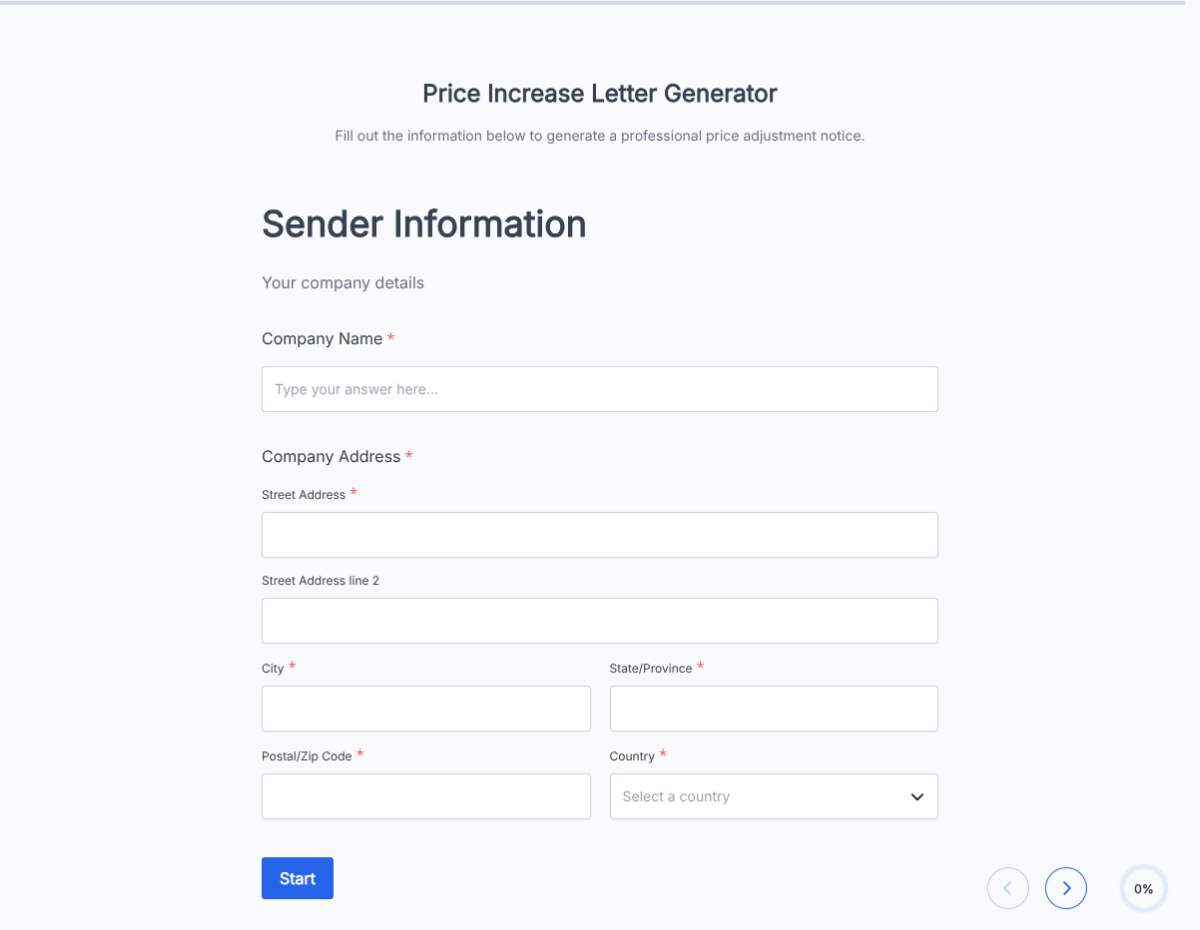 Price Increase Notification Form