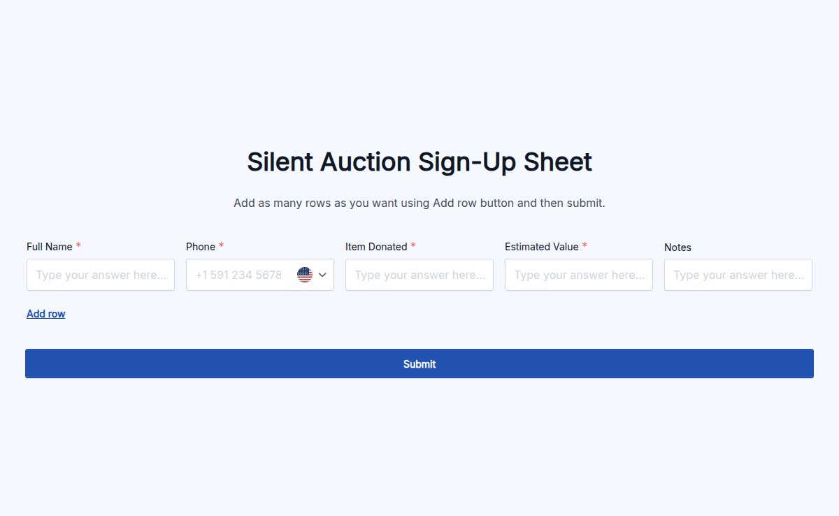 Silent Auction Sign-Up Sheet