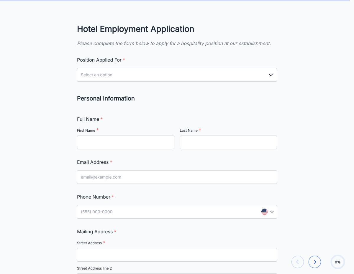 Hotel Job Application Form
