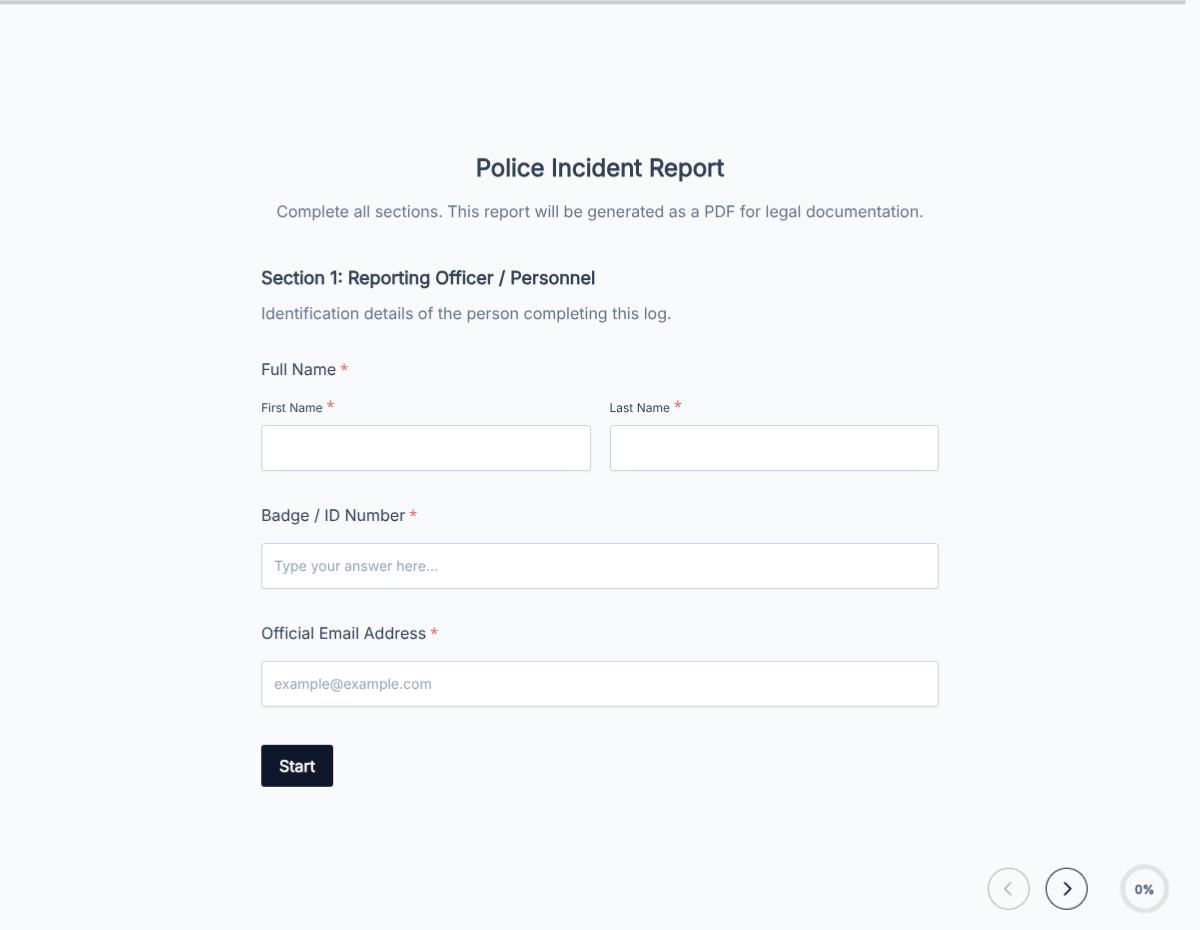 Official Police Incident Report Form