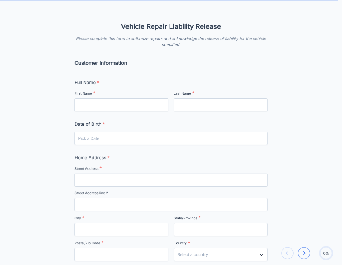 Vehicle Repair Liability Release and Authorization